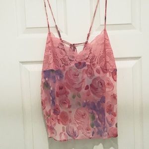 New 2 Piece Teddy Pink Roses Lace Trim Tie Up Back